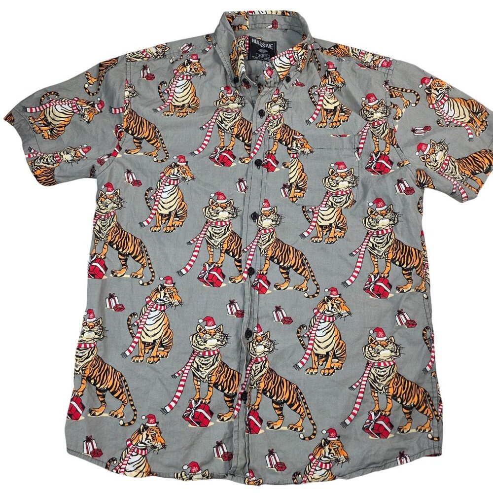 Massive Christmas Holiday Tiger Print Slim Button-Up Shirt Mens Medium - Picture 2 of 6